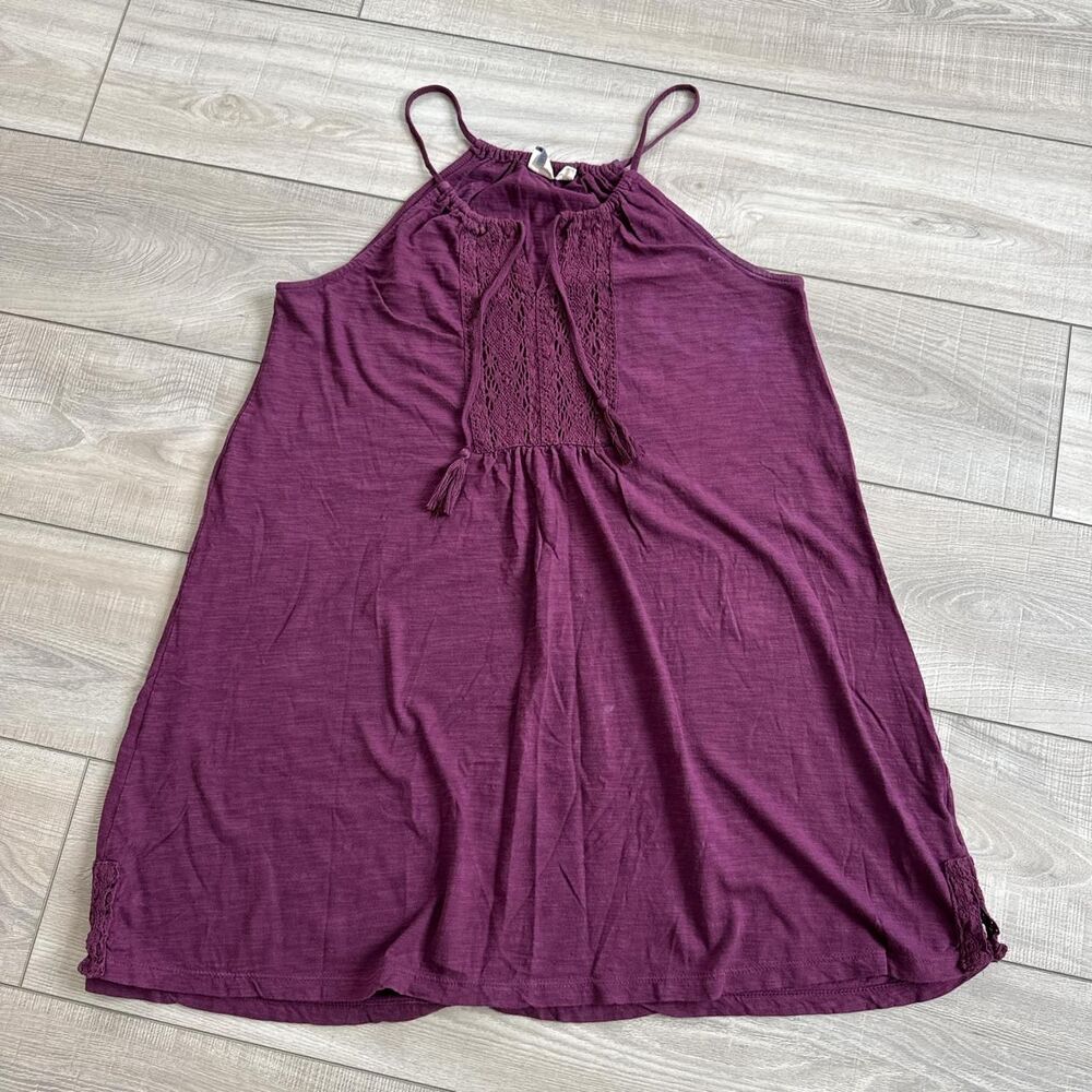ROXY Burgundy Boho Halter Swing Top Crochet Lace Tassel Tie Flowy Tunic, M
